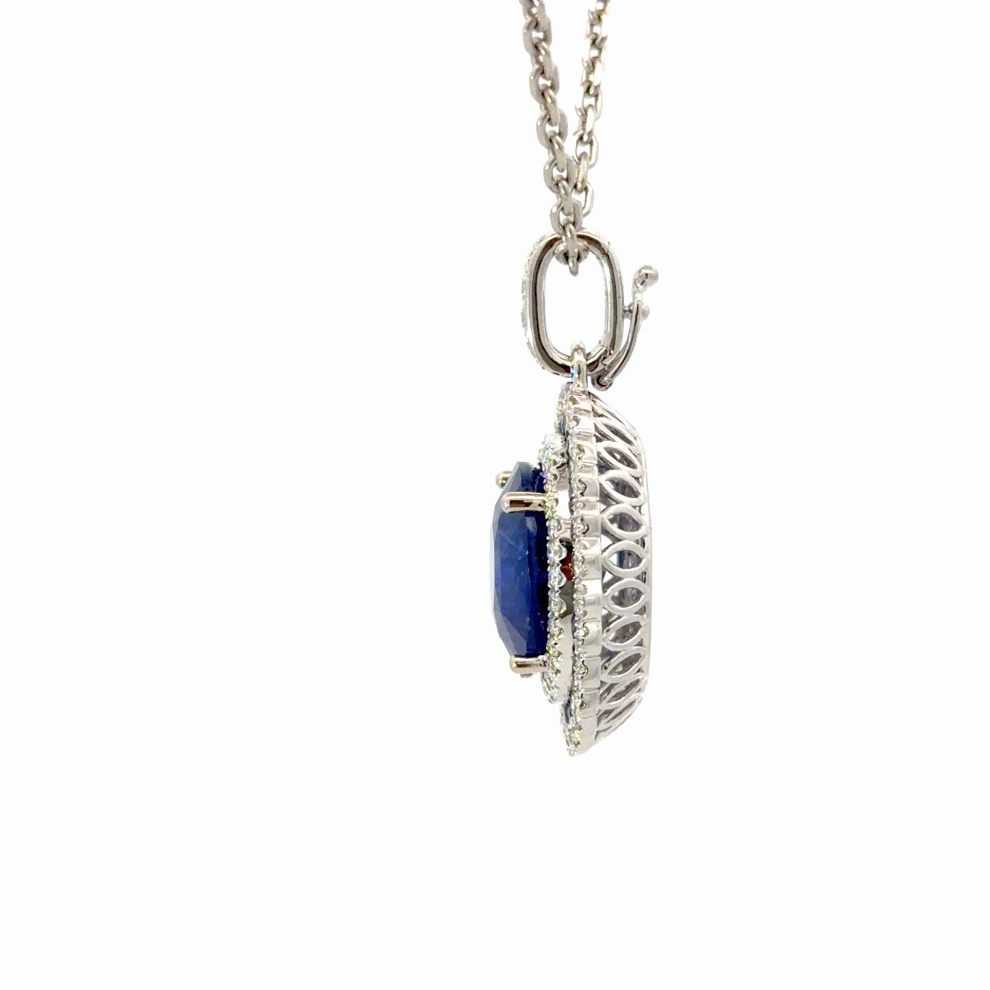 Natural Royal Blue Sapphire and Diamond Halo Pendant — White Gold