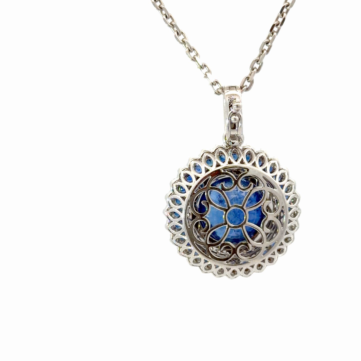 Natural Royal Blue Sapphire and Diamond Halo Pendant — White Gold