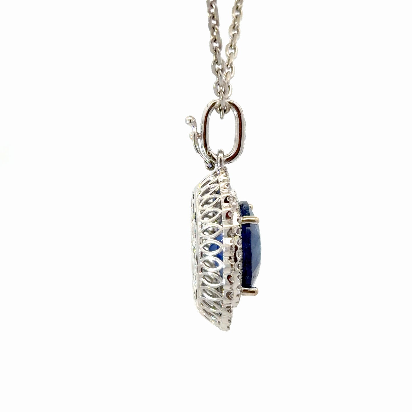 Natural Royal Blue Sapphire and Diamond Halo Pendant — White Gold
