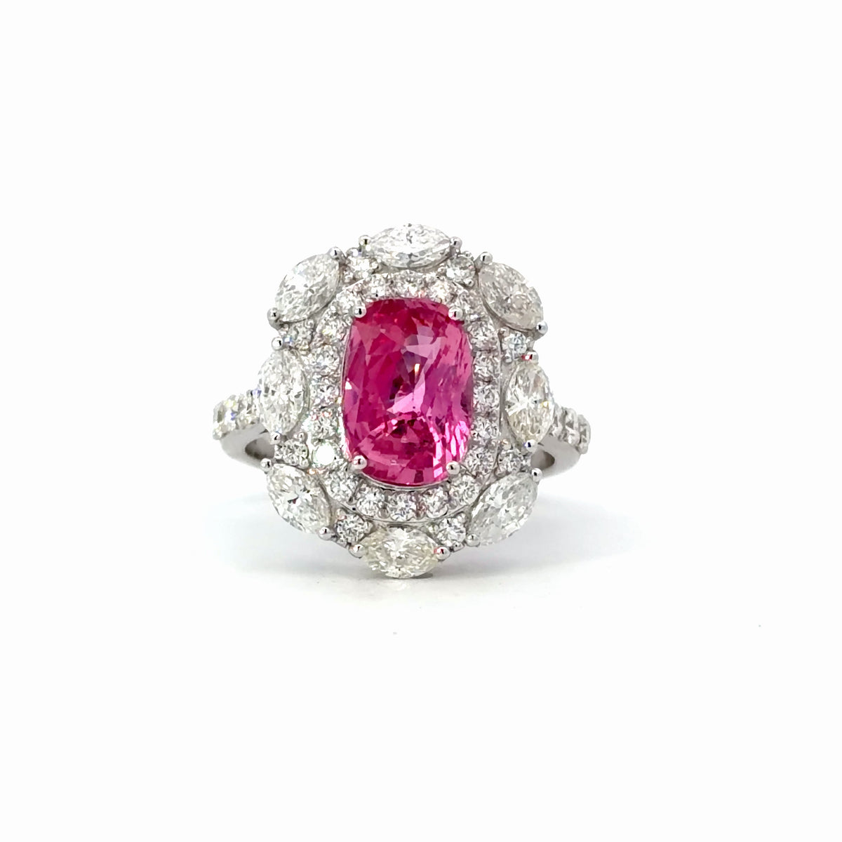 Natural Vivid Pink Sapphire Double Halo Cocktail Ring — White Gold