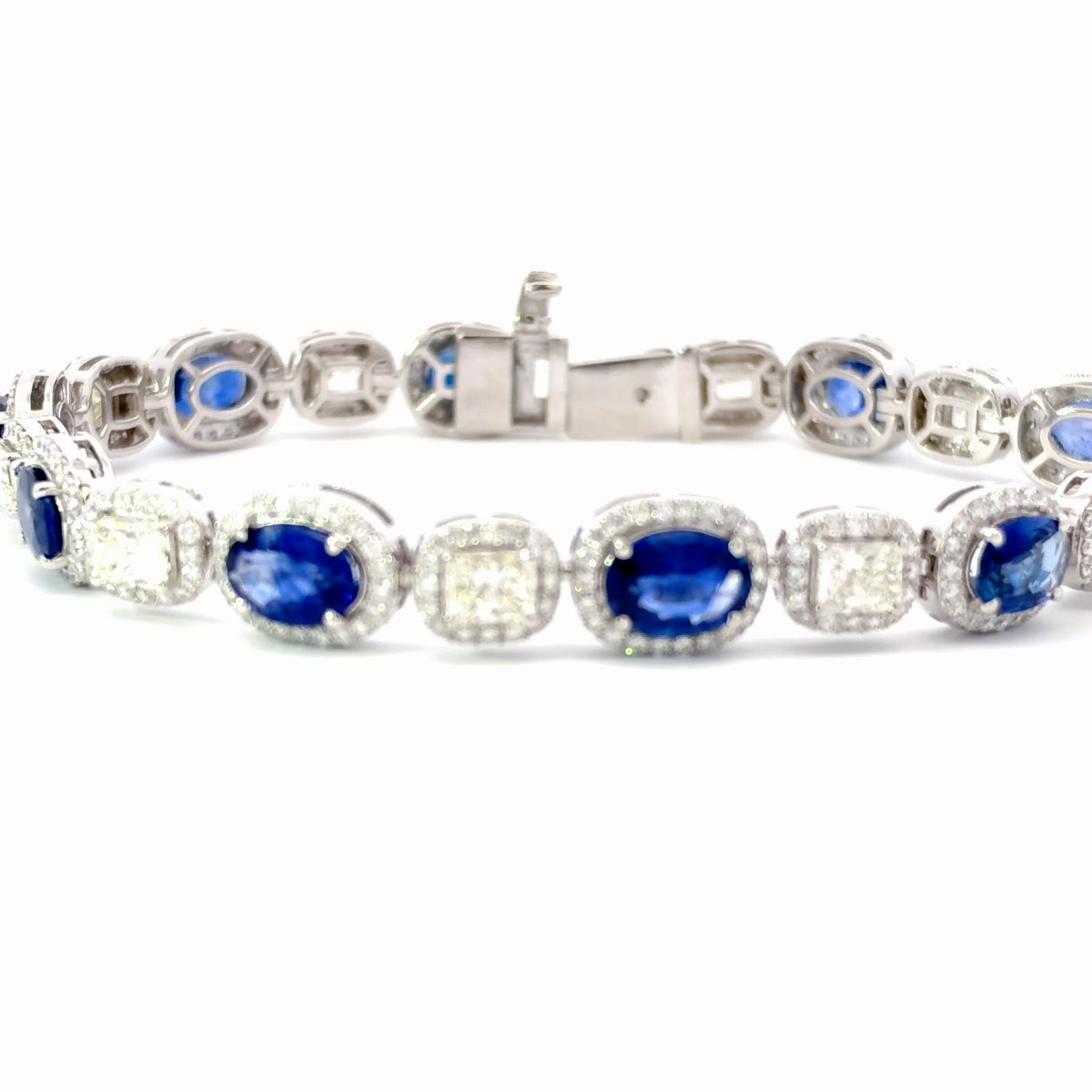 Natural Royal Blue Sapphire and Diamond Halo Chain Bracelet