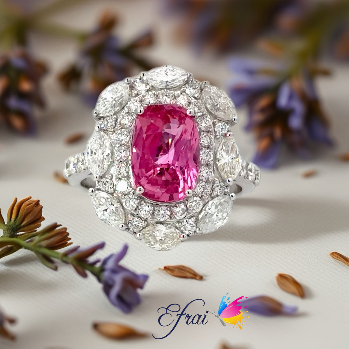 Natural Vivid Pink Sapphire Double Halo Cocktail Ring — White Gold