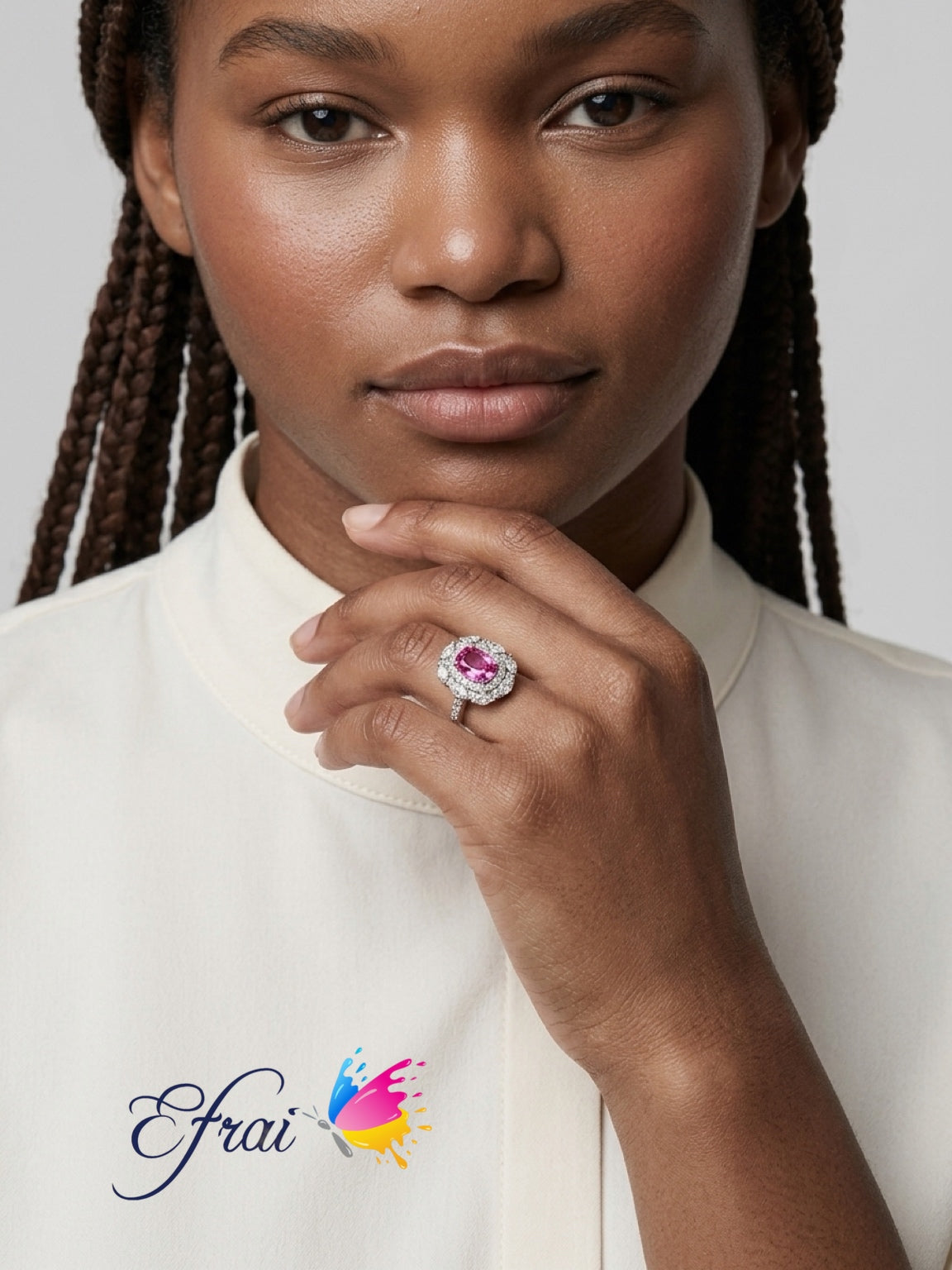 Natural Vivid Pink Sapphire Double Halo Cocktail Ring — White Gold