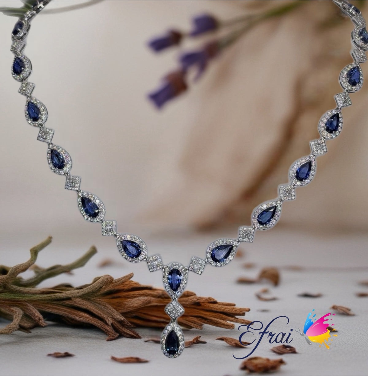 Natural Royal Blue Sapphire Diamond Drop Necklace — White Gold