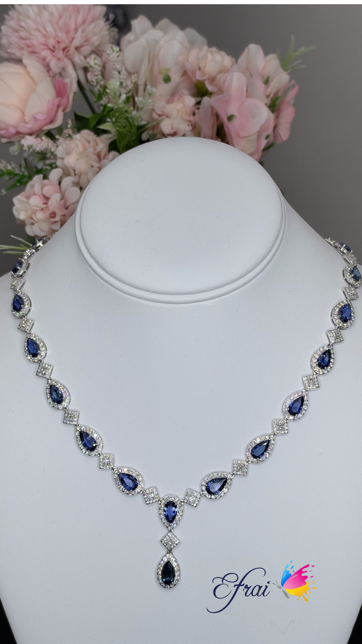 Natural Royal Blue Sapphire Diamond Drop Necklace — White Gold