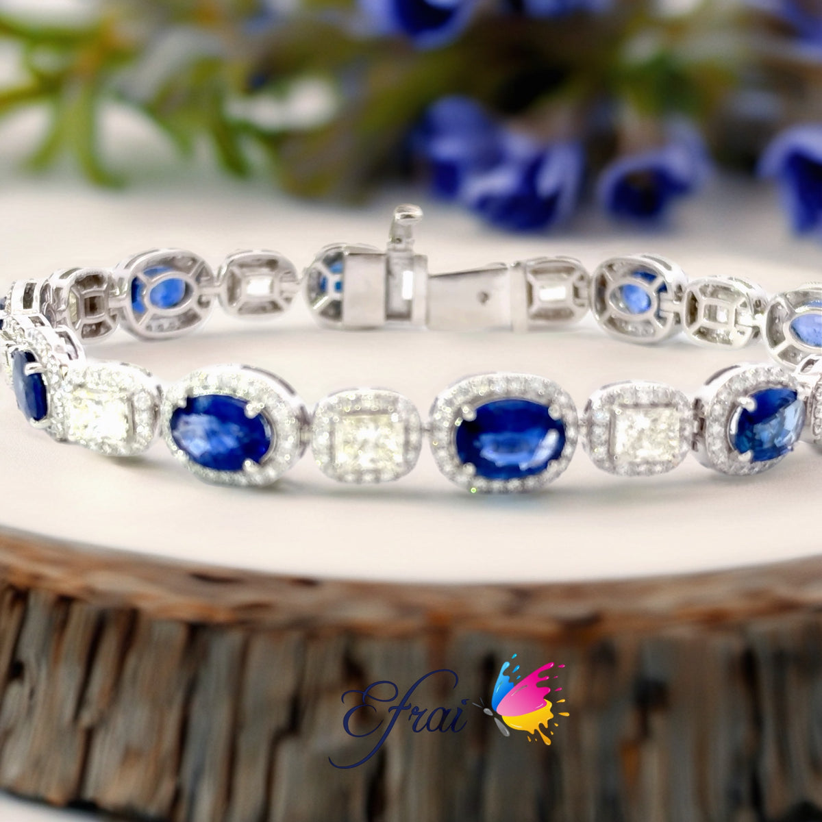 Natural Royal Blue Sapphire and Diamond Halo Chain Bracelet