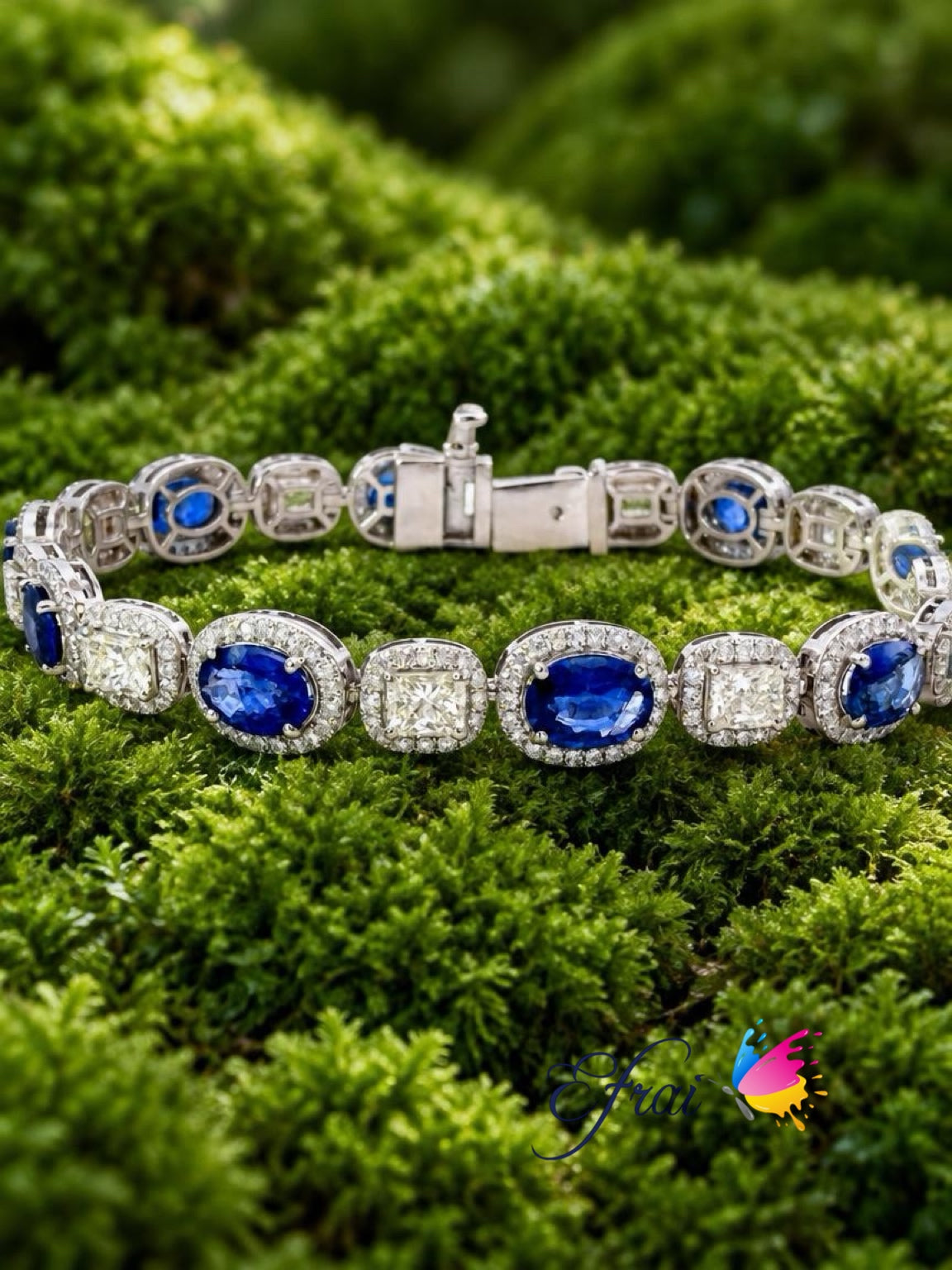 Natural Royal Blue Sapphire and Diamond Halo Chain Bracelet