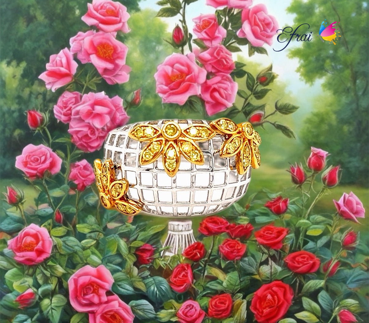Natural Fancy Yellow diamonds flowers basket ring