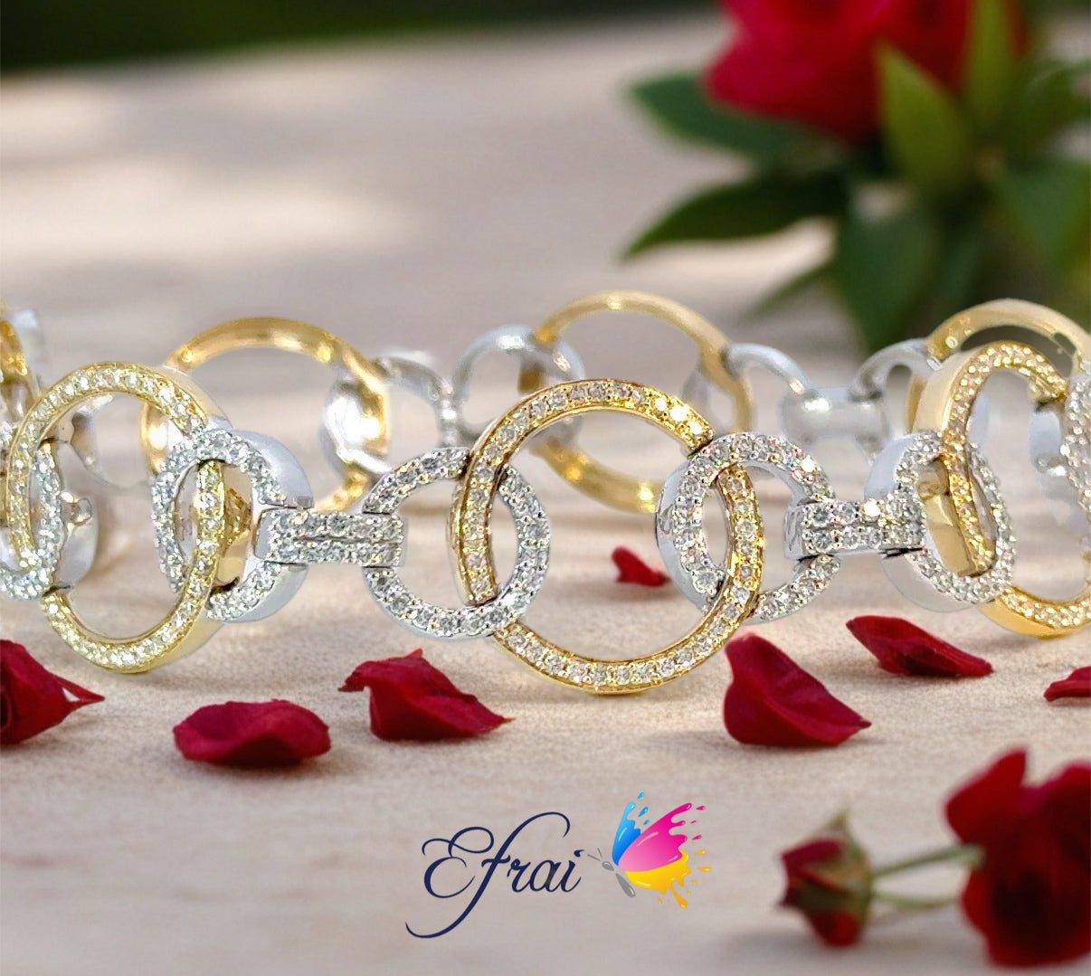 Elegant 18K white and yellow Gold circles diamonds Bracelet