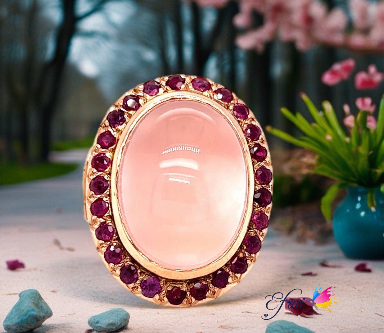 Rose quartz cabochon and rubies ring
