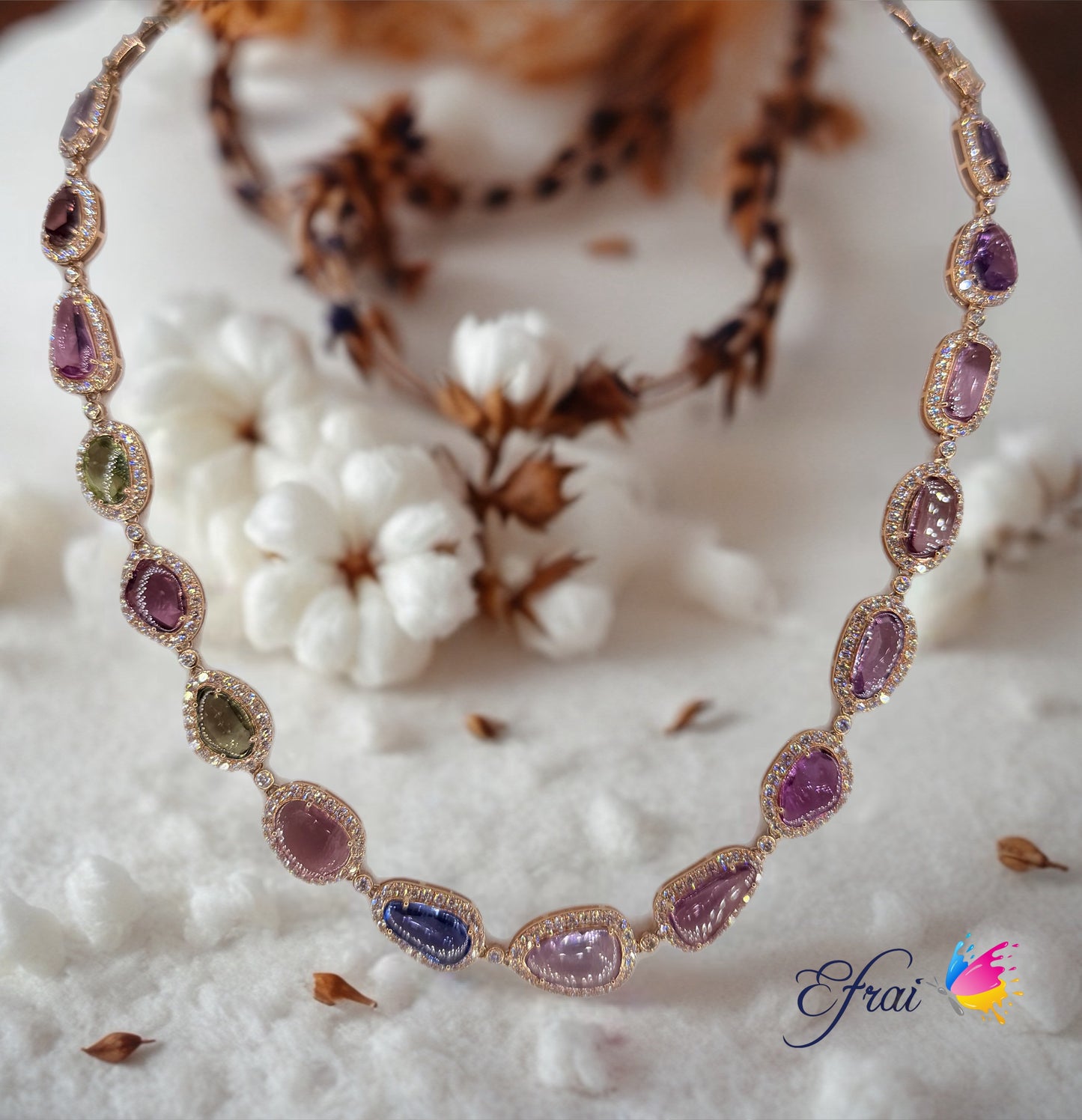 14K Rose Gold Necklace with certified Natural mixed colors sapphires Cabochons and diamonds