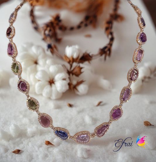 14K Rose Gold Necklace with certified Natural mixed colors sapphires Cabochons and diamonds