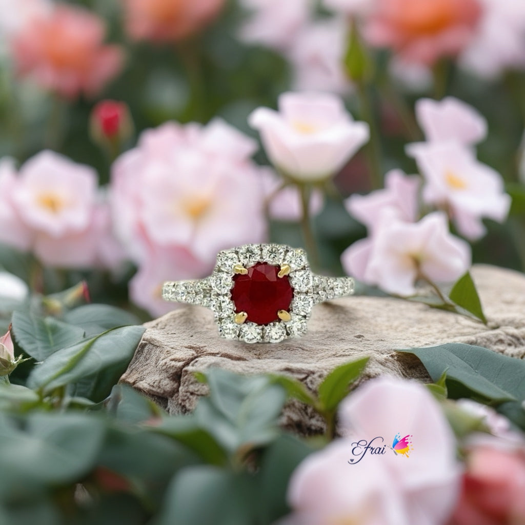Natural red ruby and diamonds ring