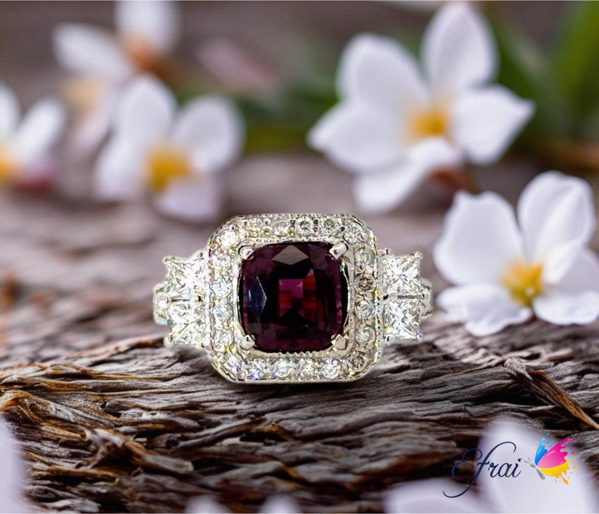 Natural deep burgundy spinel and diamonds ring