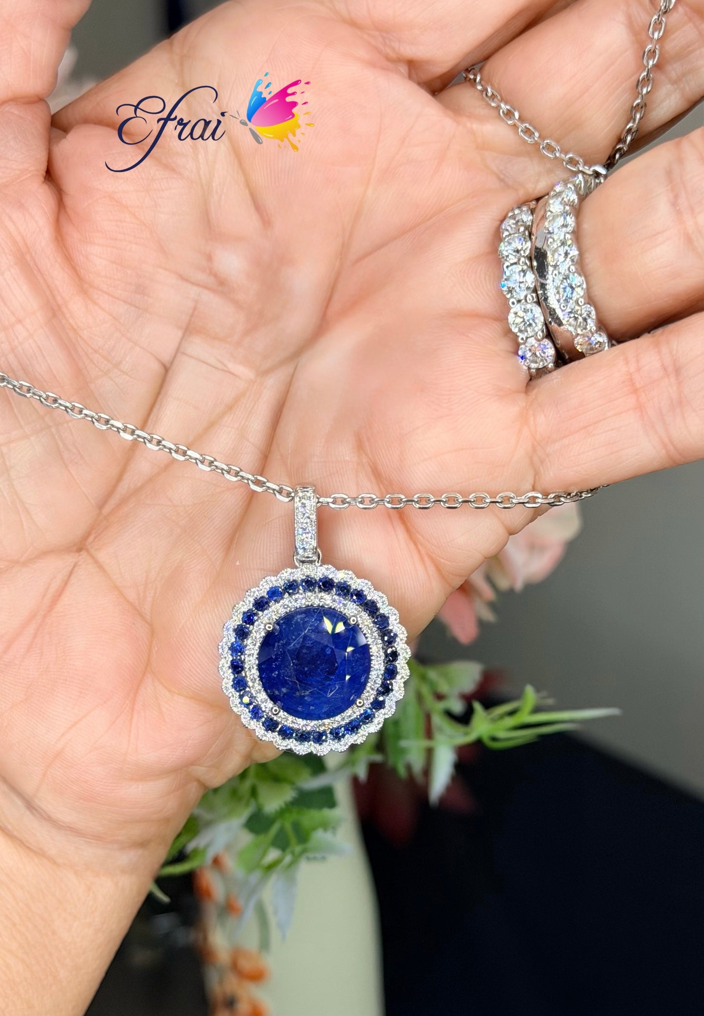 Natural Royal Blue Sapphire and Diamond Halo Pendant — White Gold