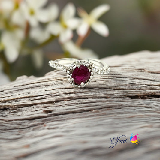 Natural round red ruby and diamonds ring