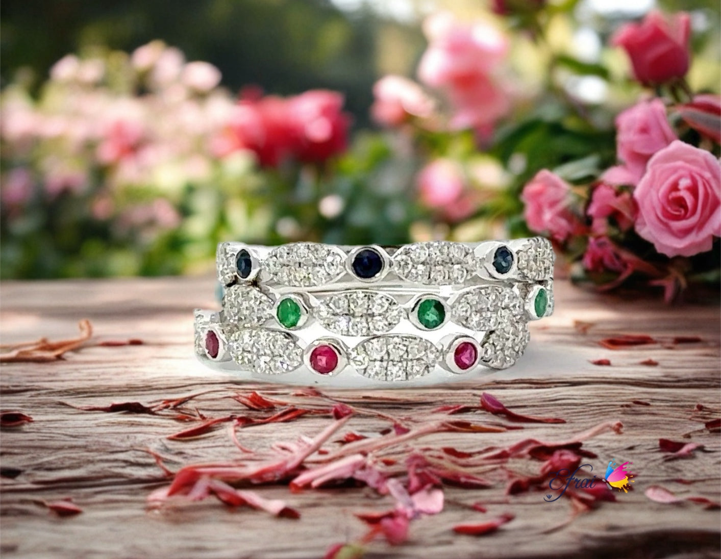 Tricolor gemstones and diamonds ring