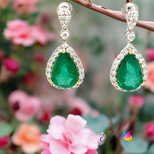Pear shaped natural green emerald and diamonds earrings