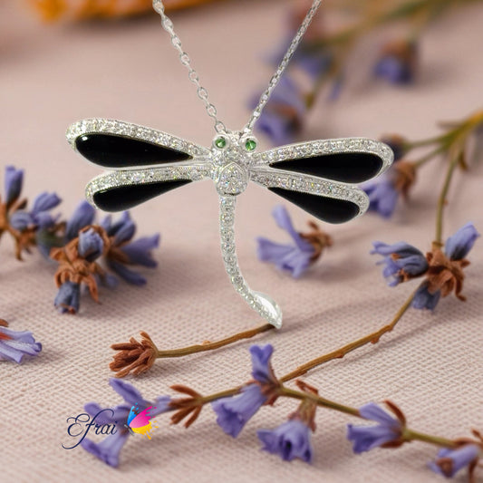 18K White Gold Dragonfly Pendant/Pin Necklace with Round Cut Diamonds