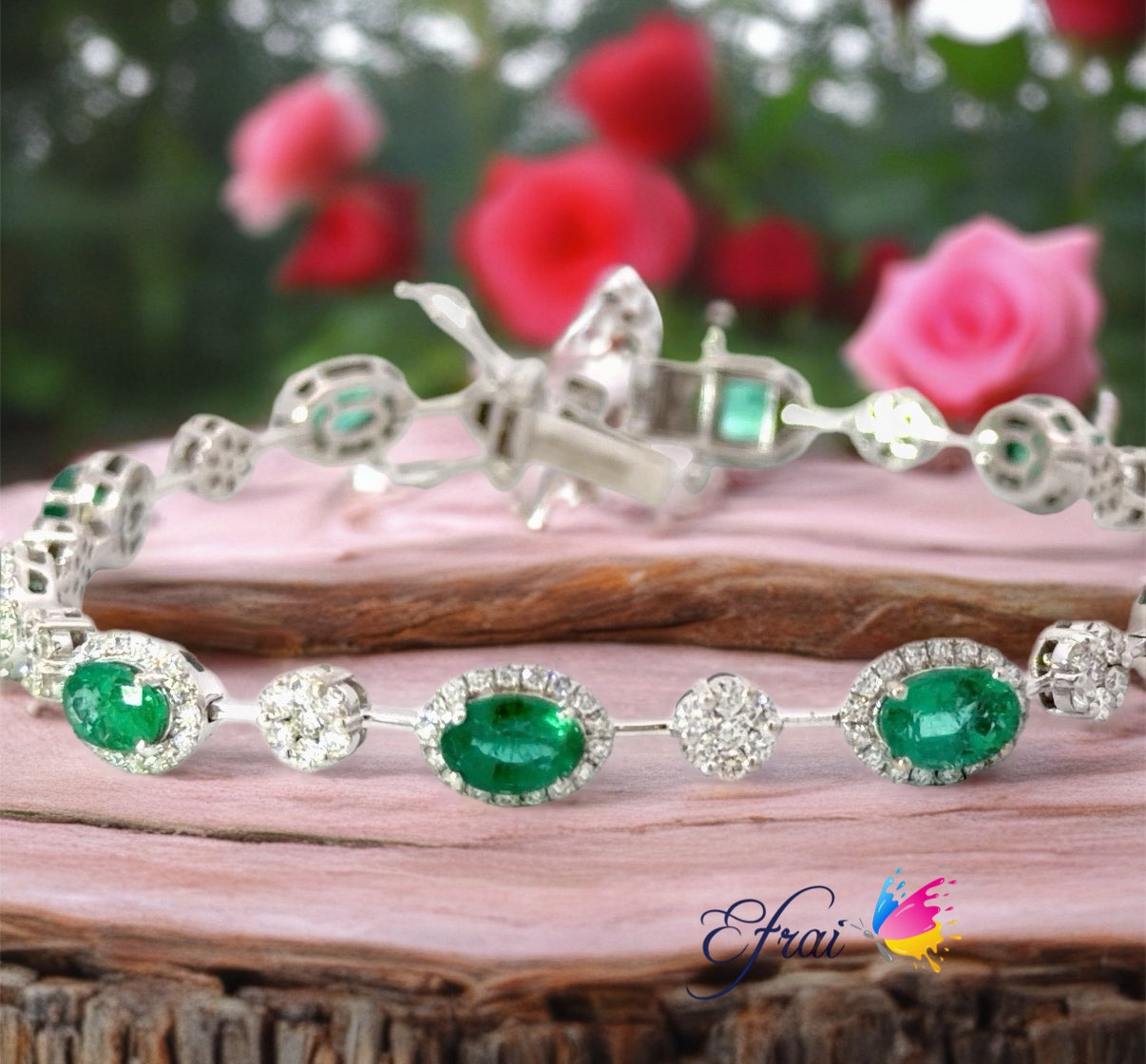 18K White Gold Tennis Bracelet with Natural Oval Emeralds and diamonds
