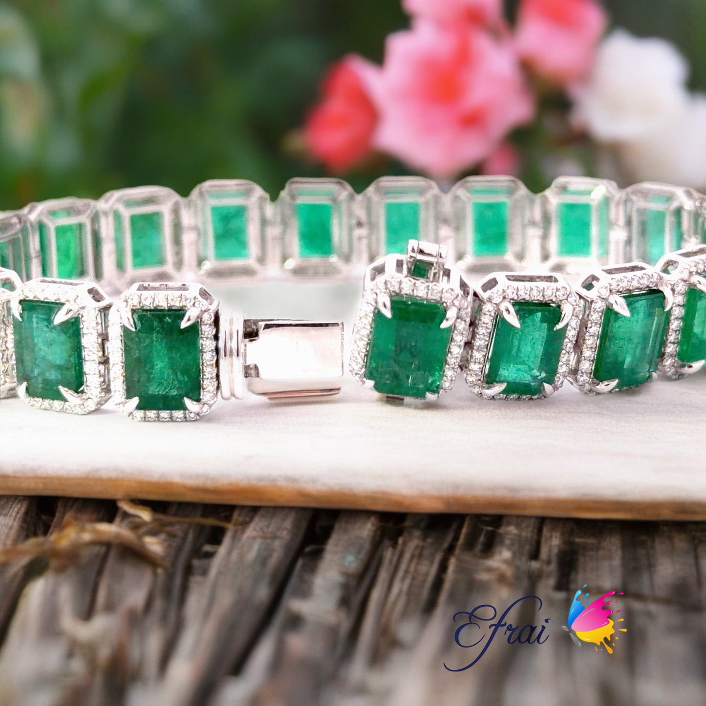 Natural Emerald cut Emeralds and Diamonds Halo Link Bracelet in White Gold
