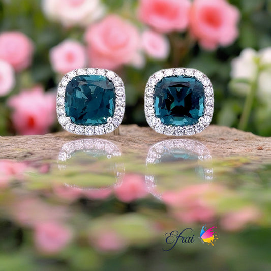 Perfect pair of natural blue indicolite tourmalines and diamonds earrings