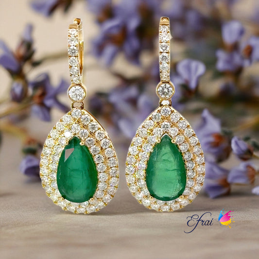 Natural green emeralds with diamonds double halo earrings