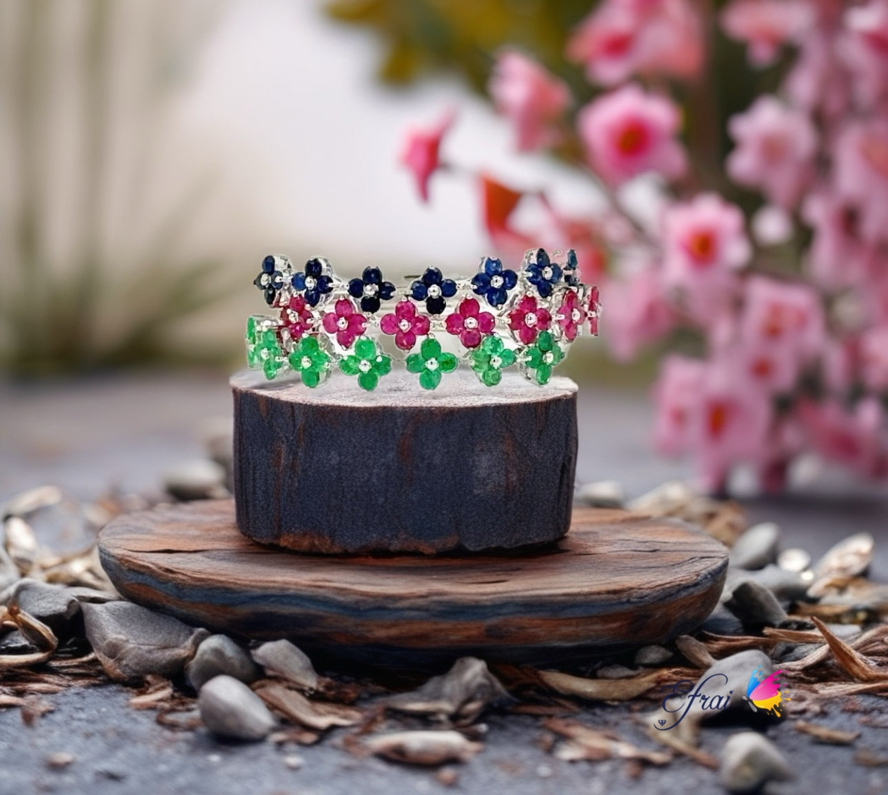 Tricolor gemstones and diamonds band