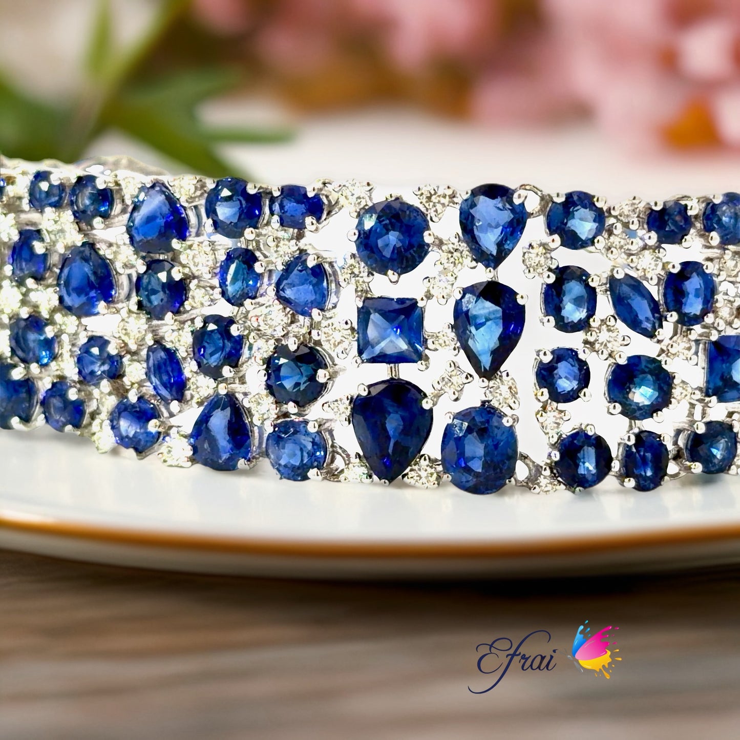 Natural Multi-Shape Vivid Blue Sapphire and Diamond Wide  Bracelet