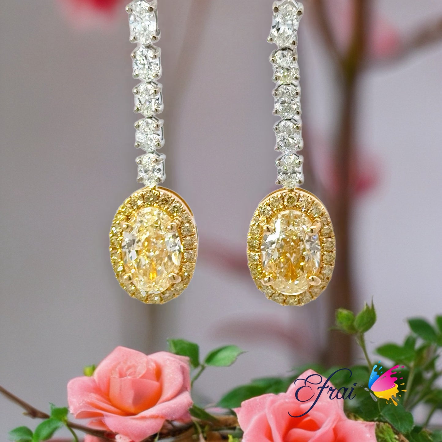 18K Yellow Gold Drop Earrings with CGL Fancy Yellow Oval Cut Diamonds