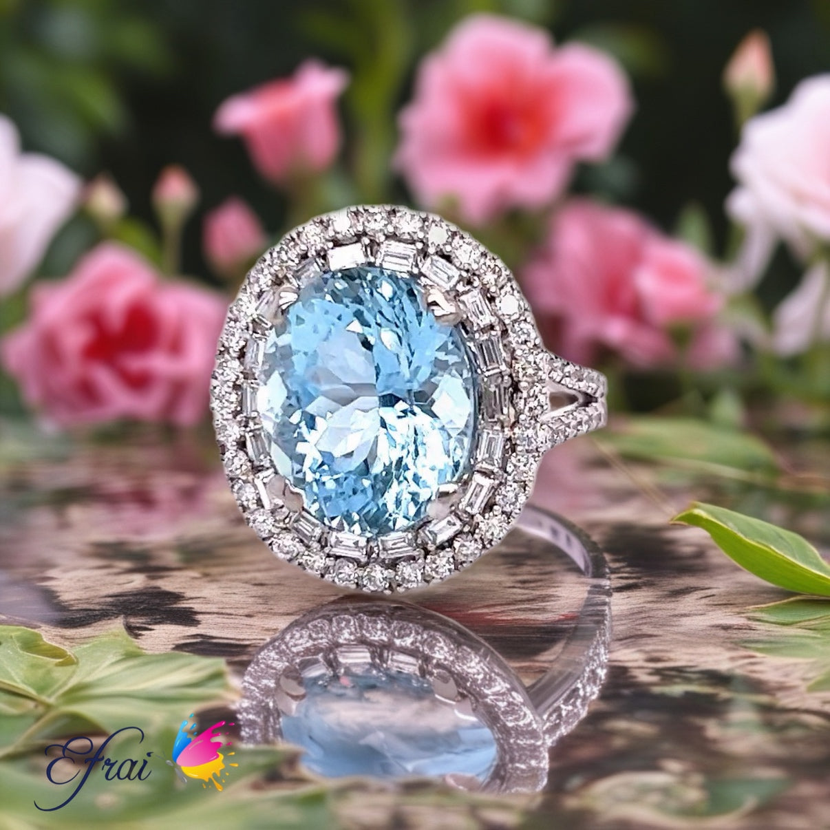 GIA natural aquamarine and diamonds ring