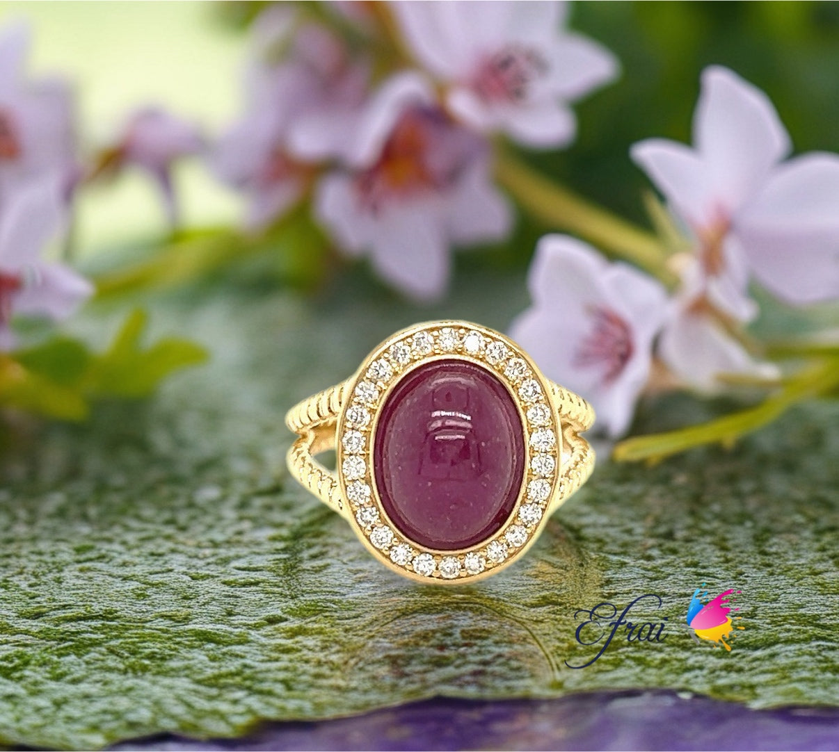 Ruby cabochon oval and diamonds ring