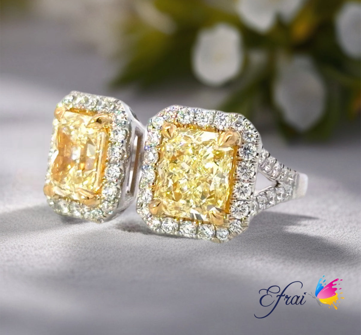 GIA Natural Radiant Yellow Diamonds Halo Moi et Toi ring set in 18K Gold