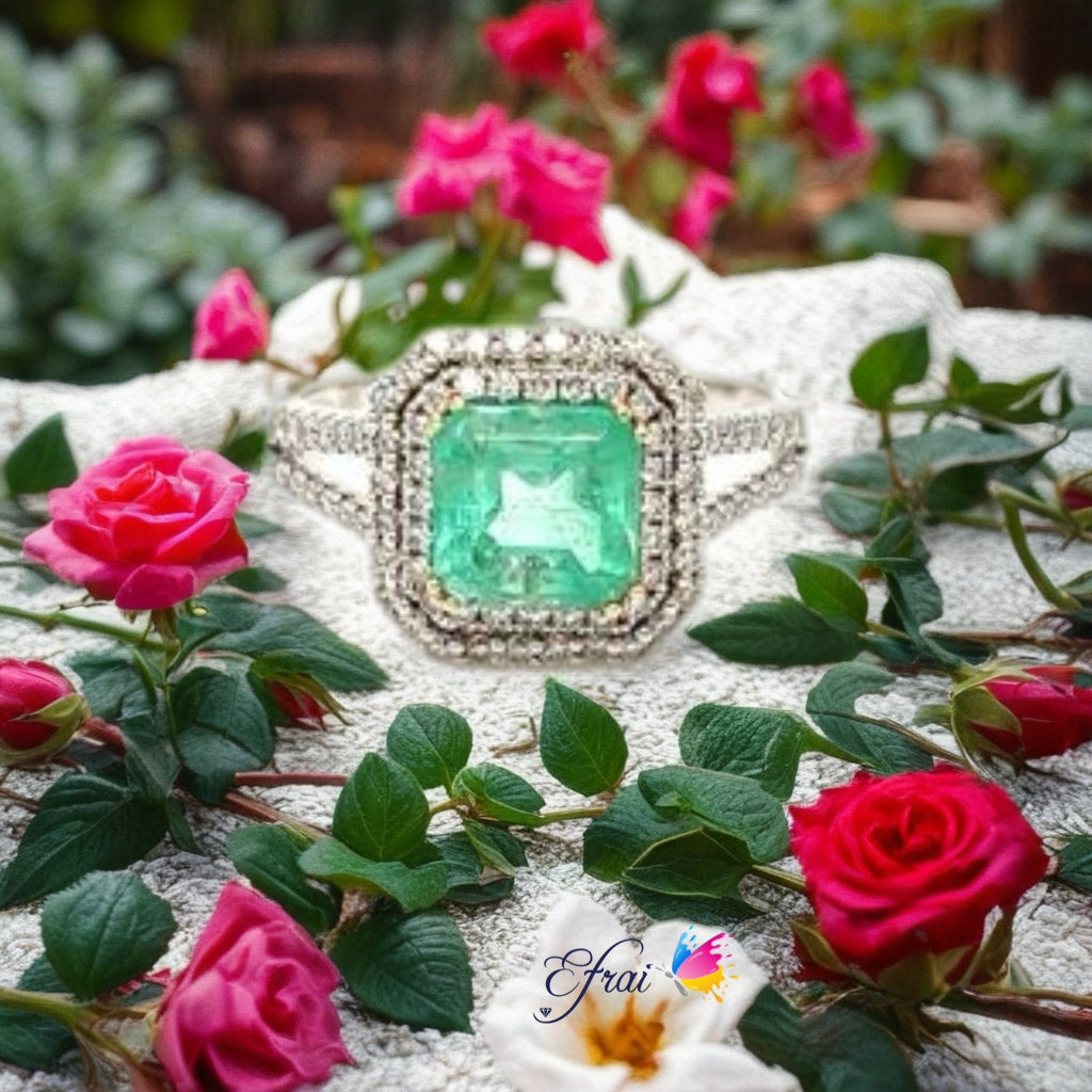Natural square emerald and diamonds ring