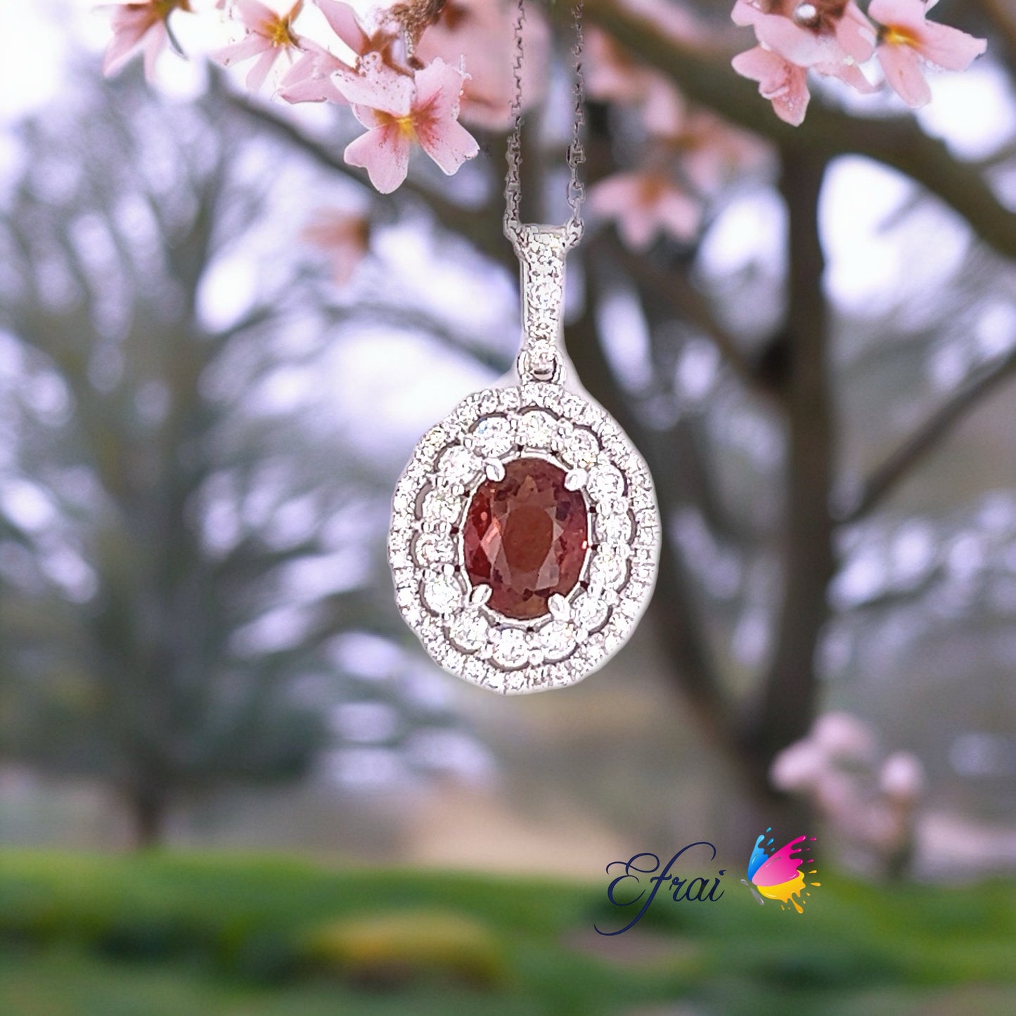 Oval pink tourmaline diamonds necklace