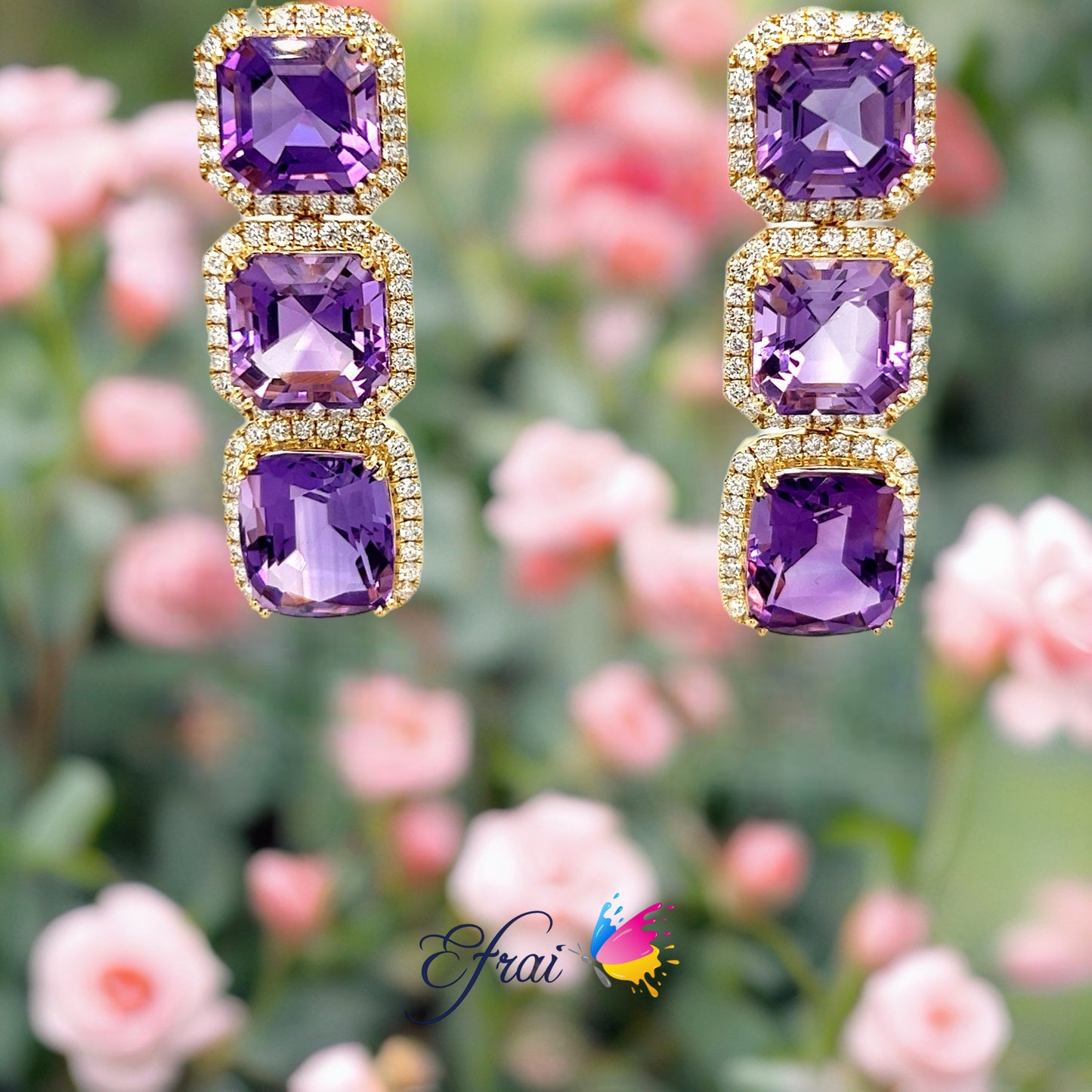 Purple amethyst and diamonds long earrings