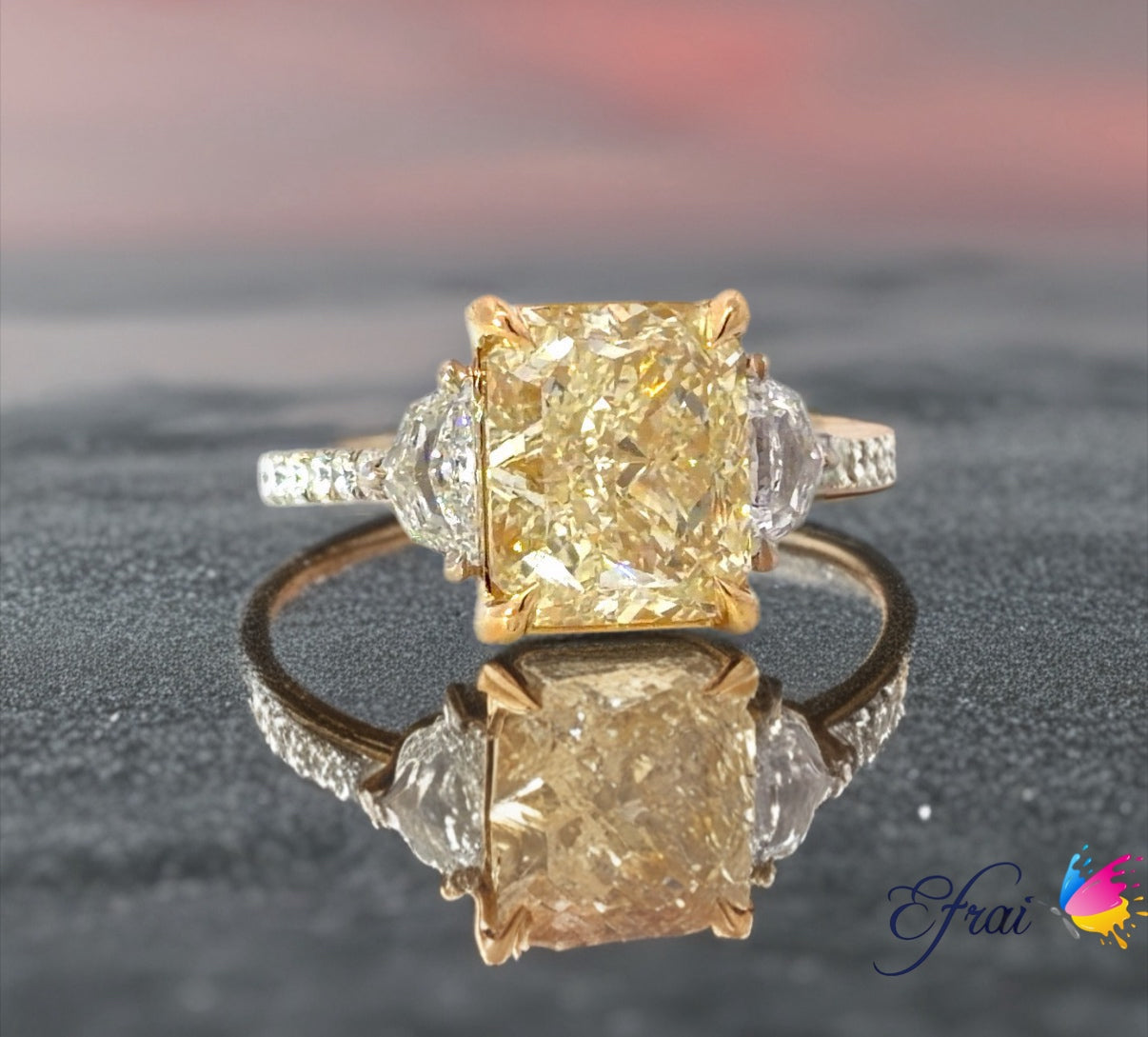 GIA natural Yellow Radiant Diamond  Ring in 18K Yellow and White Gold