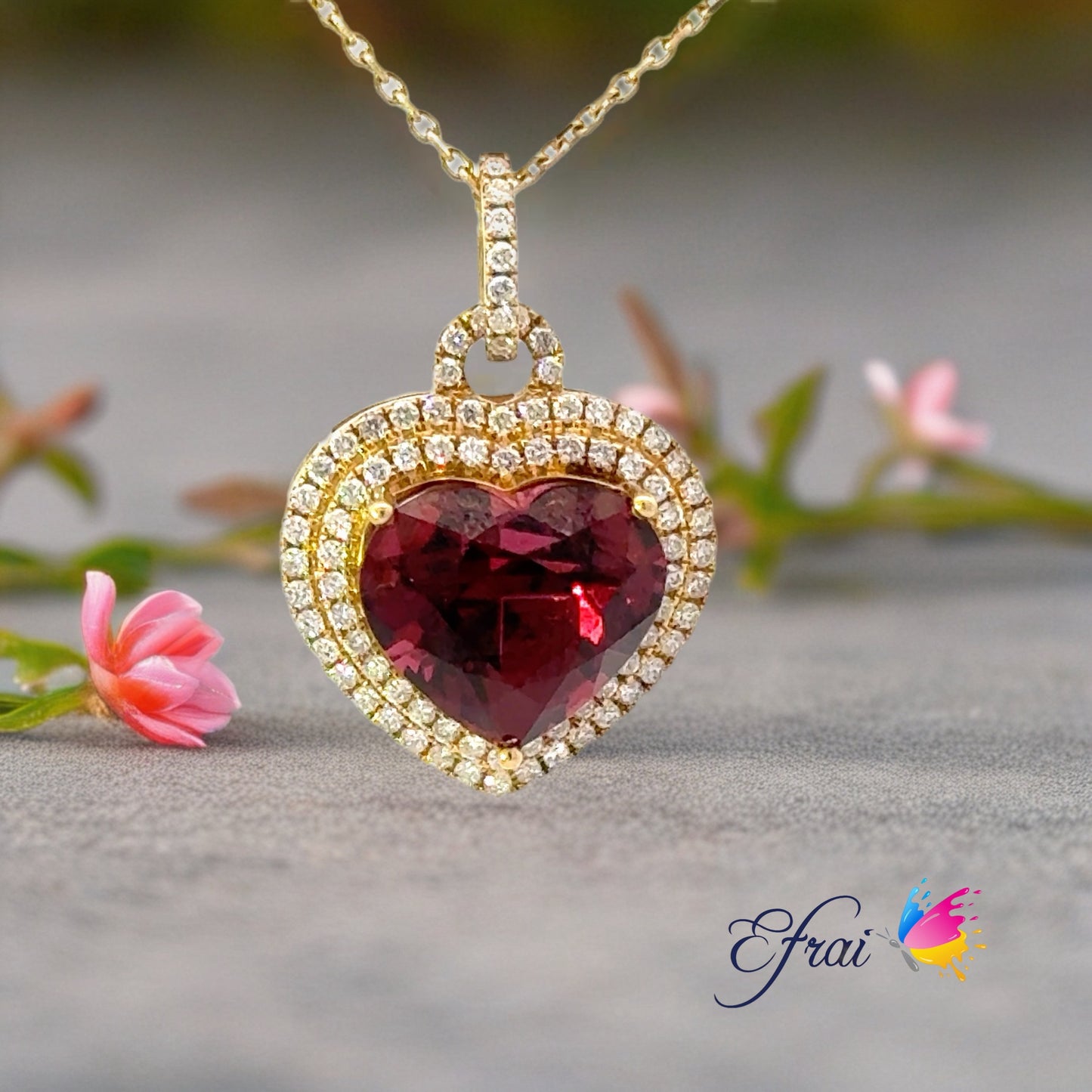 Gorgeous natural vivid red garnet heart diamonds necklace
