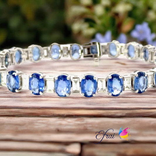 18K White Gold Tennis Bracelet Featuring natural Royal Blue Sapphire