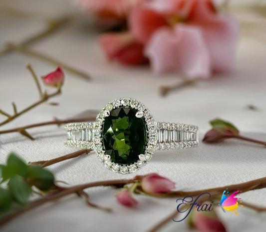 Oval green tourmaline diamonds ring