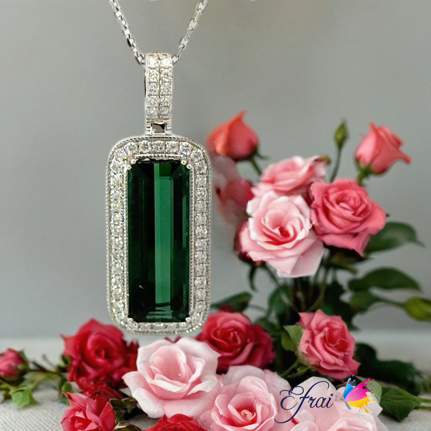 Emerald cut green tourmaline diamonds necklace