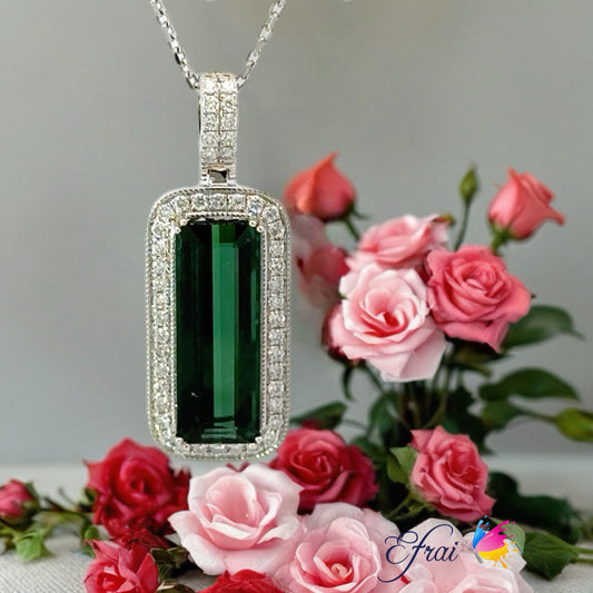 Emerald cut green tourmaline diamonds necklace