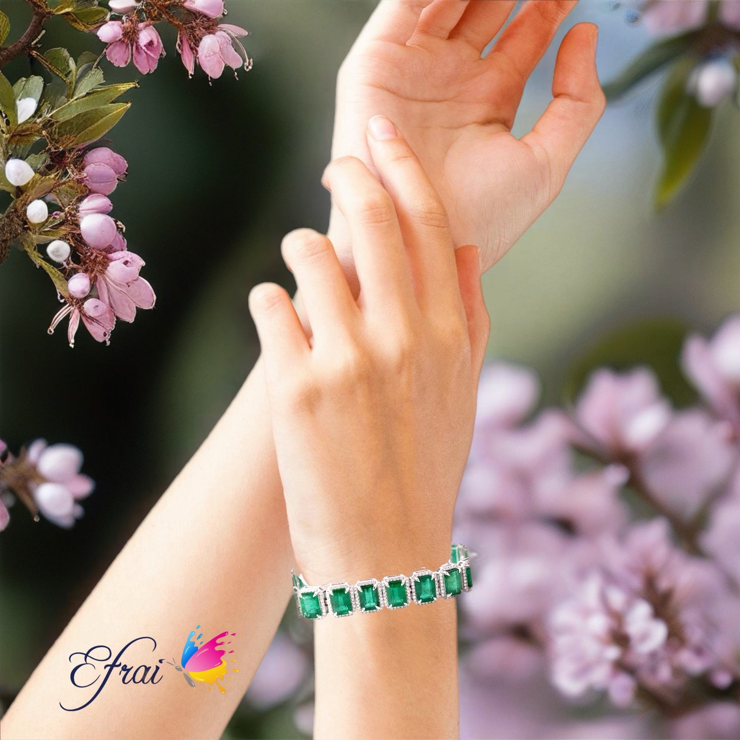 Natural Emerald cut Emeralds and Diamonds Halo Link Bracelet in White Gold