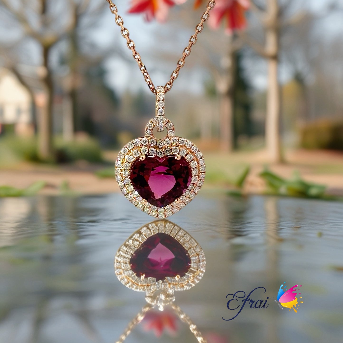 Natural Garnet vivid red heart diamonds necklace