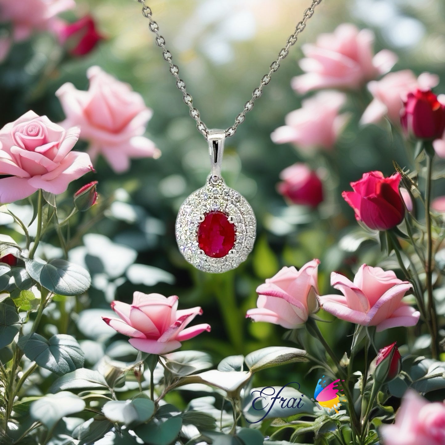 Gorgeous natural ruby and double diamonds halo necklace