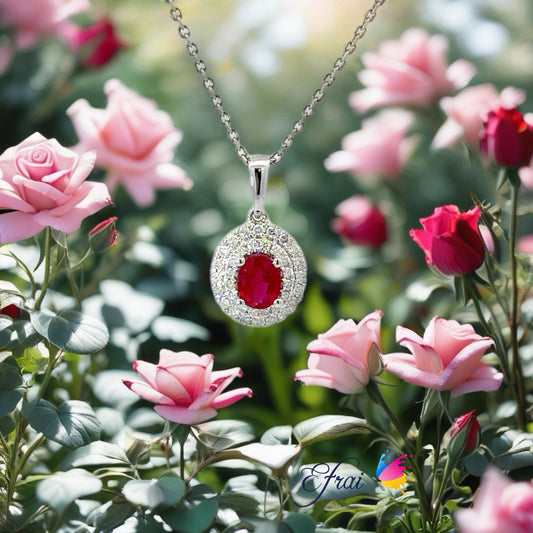 Gorgeous natural ruby and double diamonds halo necklace