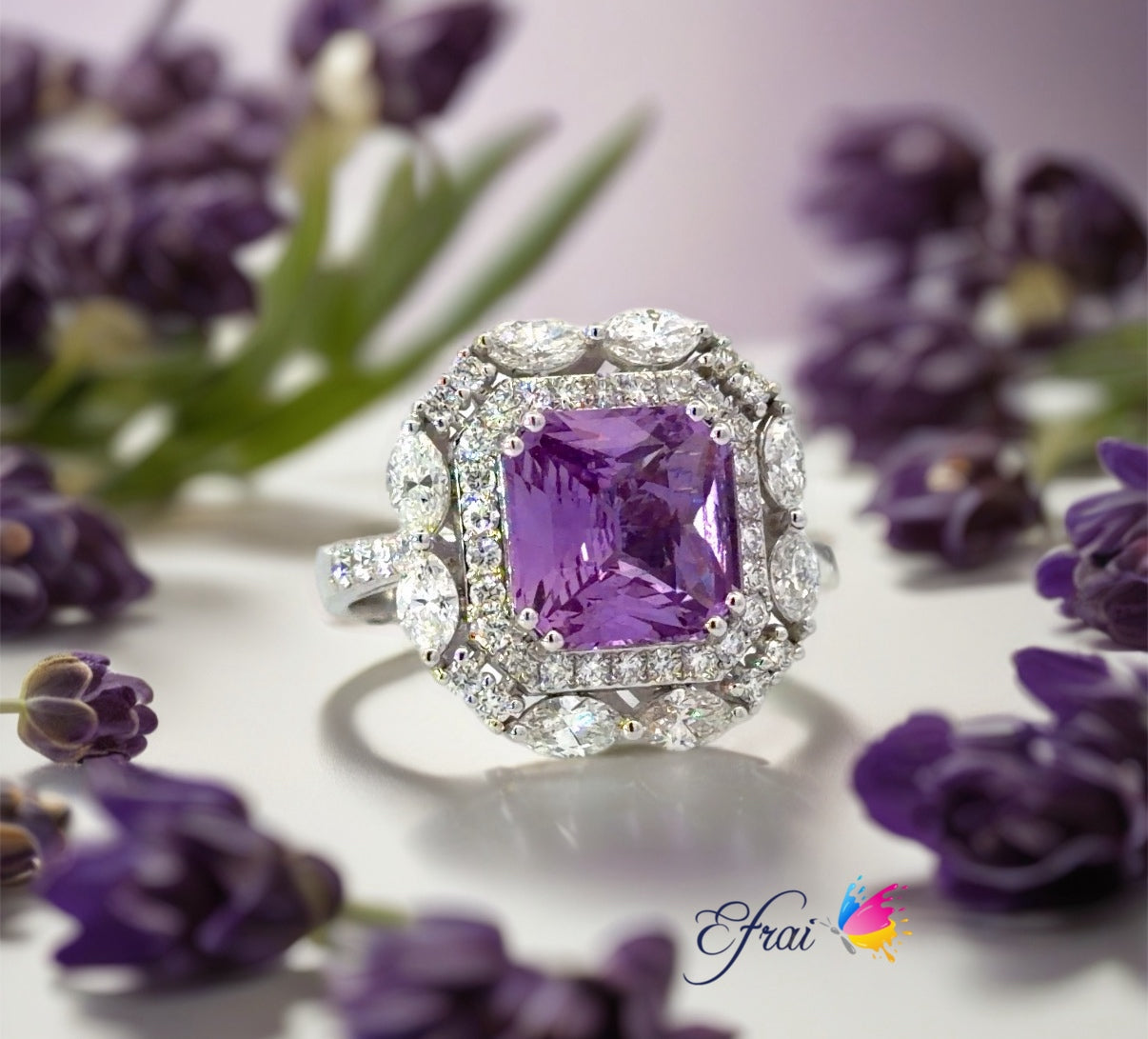 Certified non heated natural purple sapphire Double Halo Cocktail Ring in White Gold
