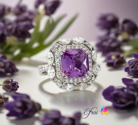 Certified non heated natural purple sapphire Double Halo Cocktail Ring in White Gold
