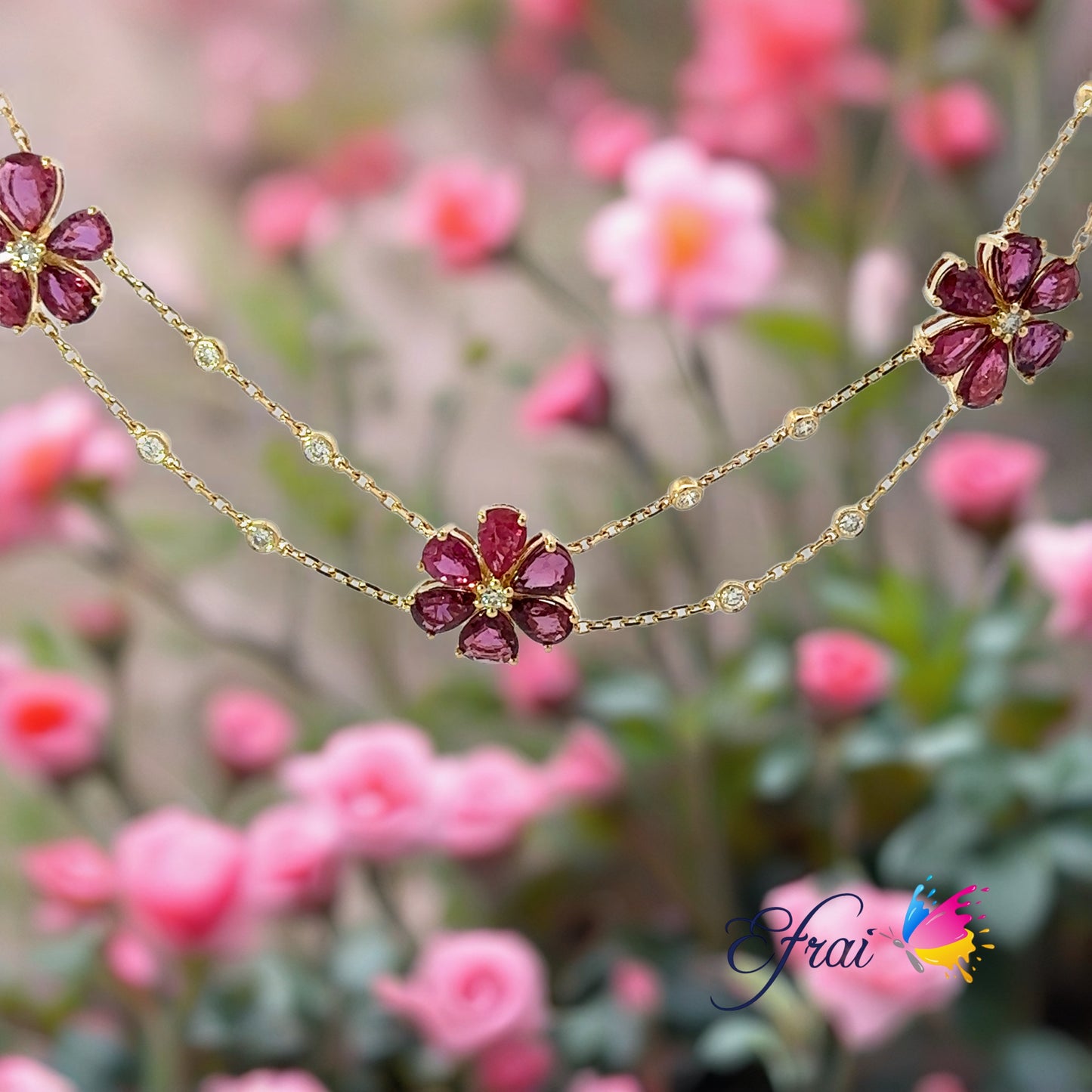 Gorgeous flowers of rubies and diamonds necklace