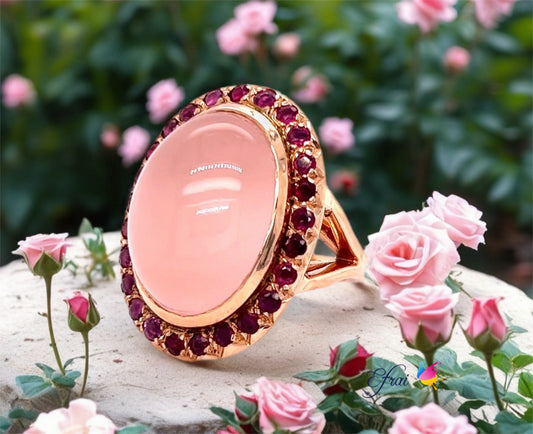 Rose quartz cabochon and rubies ring